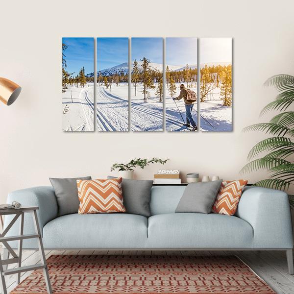 Panoramic View Of Male Person Cross Country Skiing Canvas Wall Art-5 Horizontal-Gallery Wrap-22" x 12"-Tiaracle