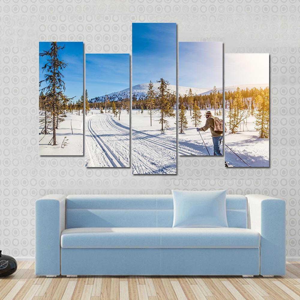 Panoramic View Of Male Person Cross Country Skiing Canvas Wall Art-1 Piece-Gallery Wrap-48" x 32"-Tiaracle