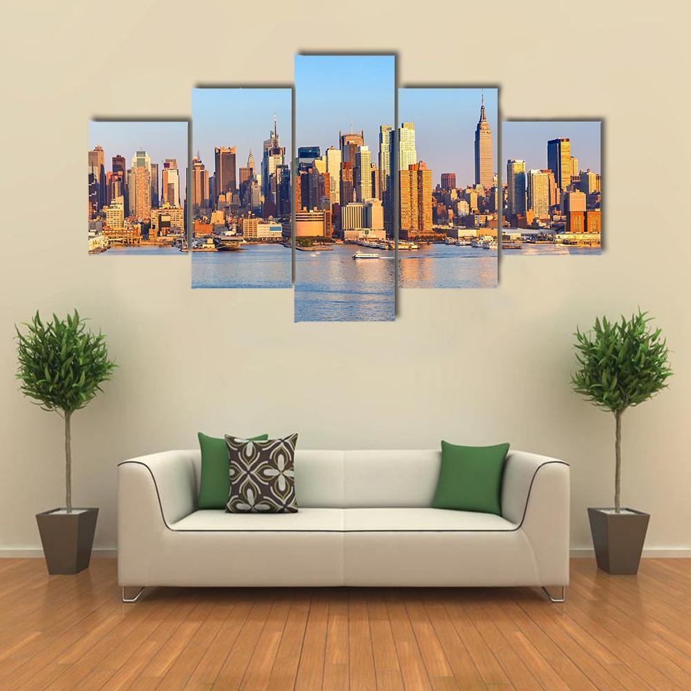 Panoramic View Of Manhattan Canvas Wall Art-5 Star-Gallery Wrap-62" x 32"-Tiaracle