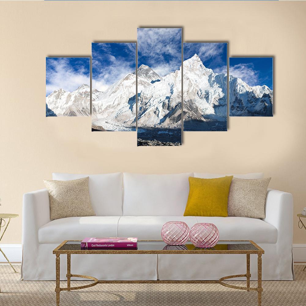 Panoramic View Of Mount Everest With Beautiful Sky And Khumbu Glacier Canvas Wall Art-5 Star-Gallery Wrap-62" x 32"-Tiaracle