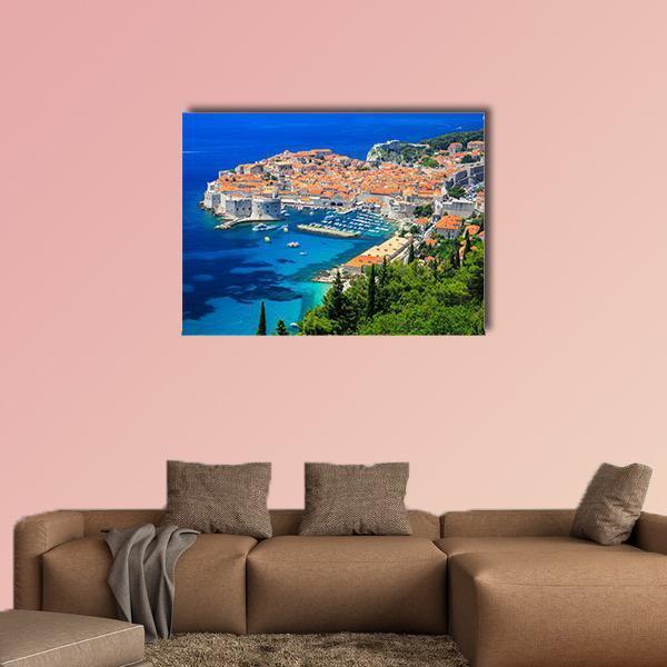 Dubrovnik Old Town Aerial View Canvas Wall Art in orange, green and blue, single panel hung on a wall