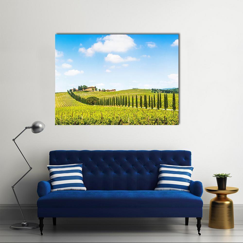 Tuscany Vineyard with Cypress Trees Canvas Wall Art in yellow, green and blue, single panel hung on a wall