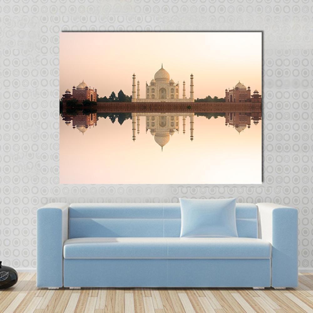 Panoramic View Of Taj Mahal At Sunset Agra India Canvas Wall Art-1 Piece-Gallery Wrap-48" x 32"-Tiaracle