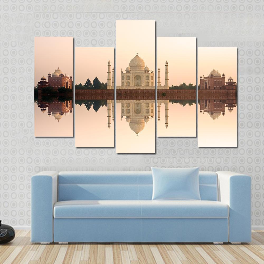Panoramic View Of Taj Mahal At Sunset Agra India Canvas Wall Art-5 Pop-Gallery Wrap-47" x 32"-Tiaracle