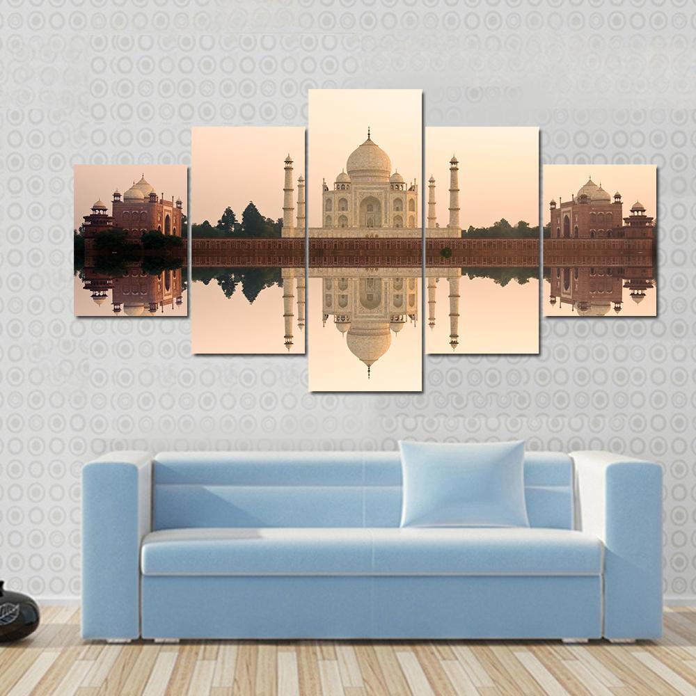 Panoramic View Of Taj Mahal At Sunset Agra India Canvas Wall Art-5 Star-Gallery Wrap-62" x 32"-Tiaracle