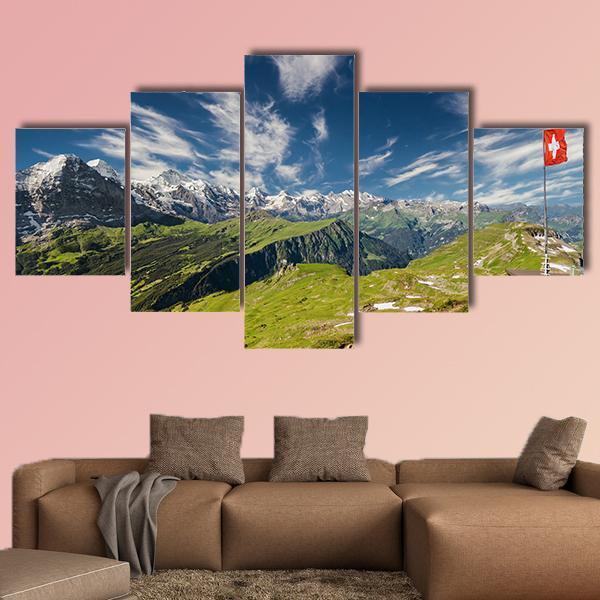 Panoramic View Of The Swiss Alps Canvas Wall Art-5 Star-Gallery Wrap-62" x 32"-Tiaracle