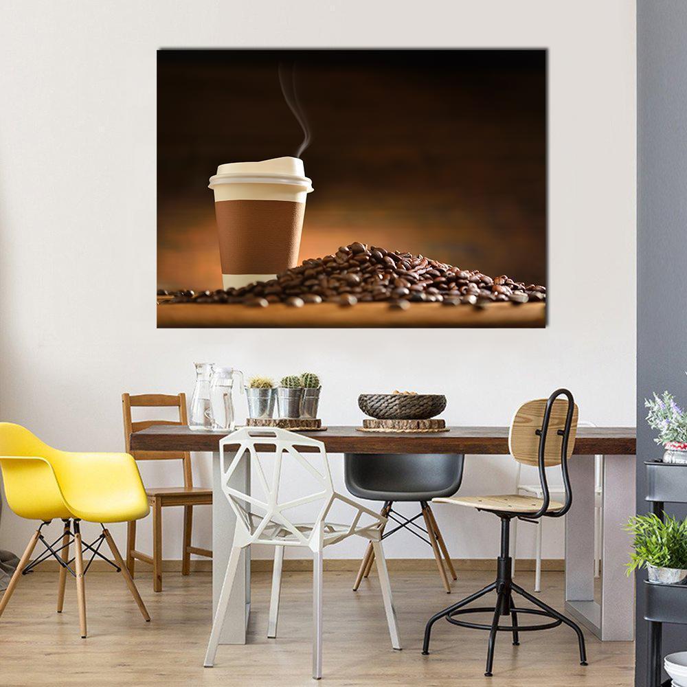 Paper Cup of Coffee with Smoke and Coffee Beans Canvas Wall Art in black, beige and brown, single panel hung on a wall