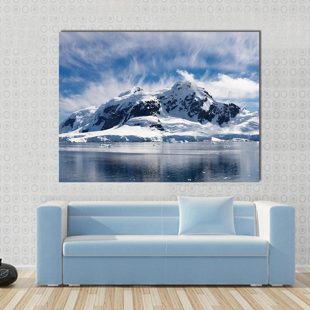 Paradise Bay, Antarctica Canvas Wall Art in white and blue, single panel hung on a wall