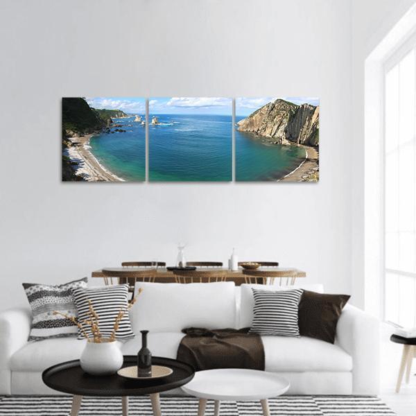 Paradise Beach in Austria Panoramic Canvas Wall Art in brown, green and blue, hung on a wall