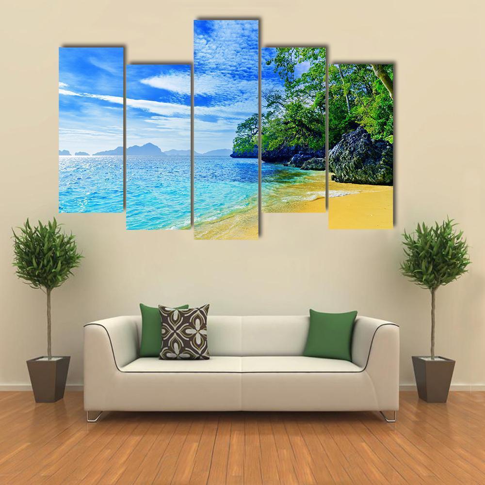 Paradise Beach Sea And Sky Canvas Wall Art-5 Pop-Gallery Wrap-47&quot; x 32&quot;-Tiaracle
