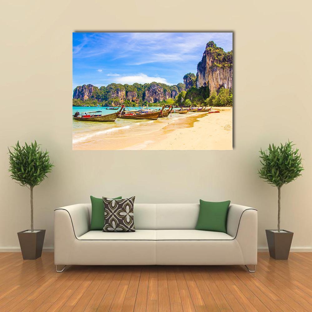 Paradise Railay Beach Krabi Canvas Wall Art in beige, green and blue, single panel hung on a wall