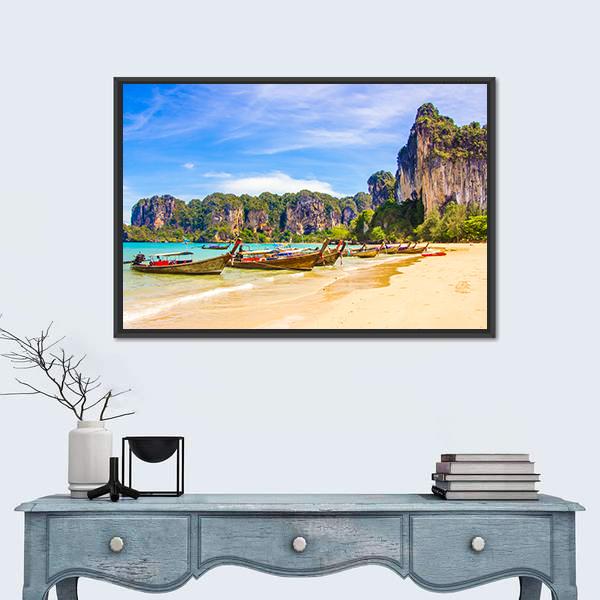 Paradise Railay Beach, Krabi Canvas Wall Art in beige, green and blue, framed canvas, product view on a white background