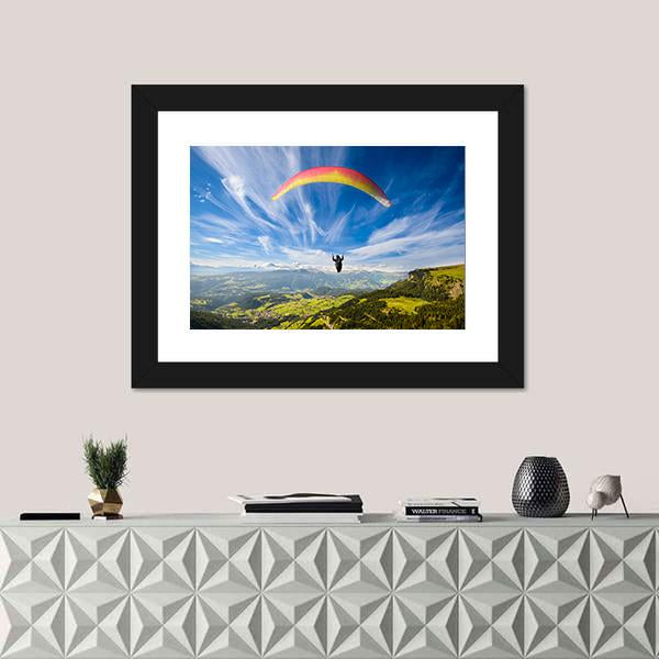 Paraglider Flying Over Mountains In Summer Day Canvas Wall Art-1 Piece-Framed Print-20&quot; x 16&quot;-Tiaracle