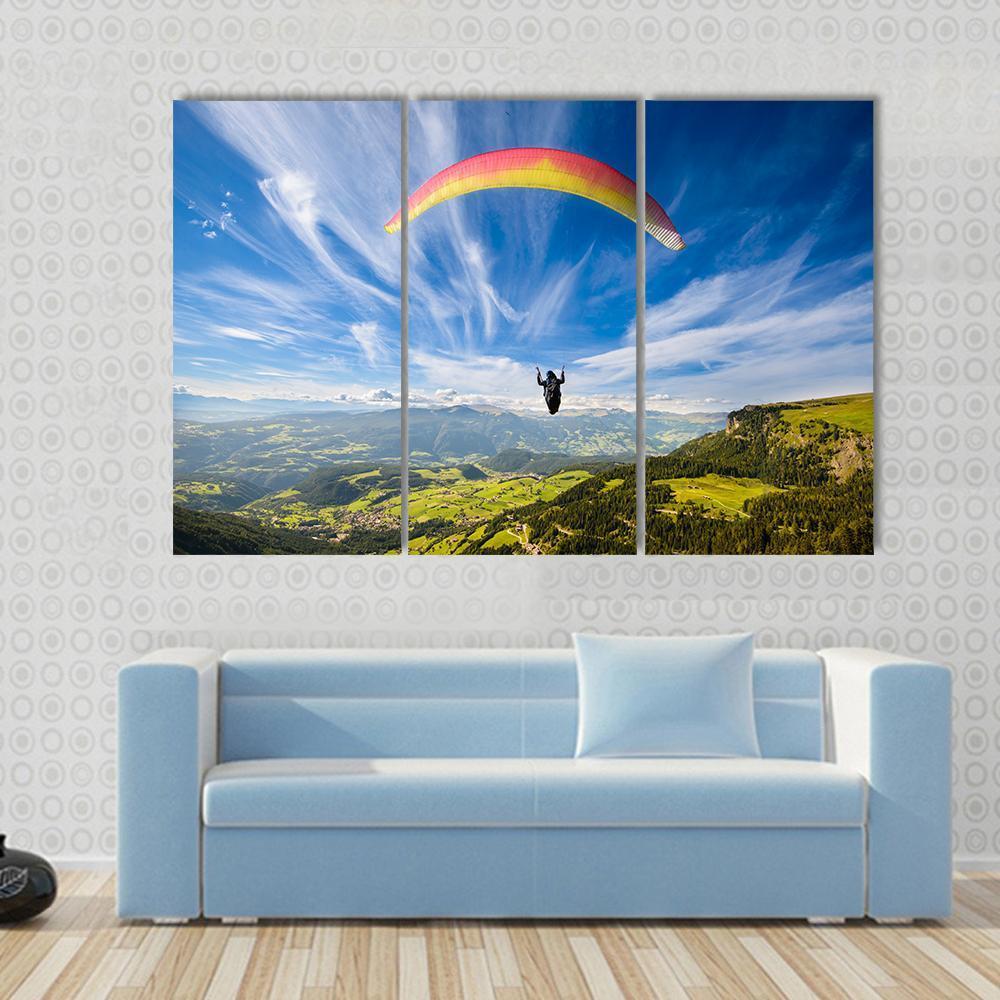 Paraglider Flying Over Mountains In Summer Day Canvas Wall Art-3 Horizontal-Gallery Wrap-37&quot; x 24&quot;-Tiaracle
