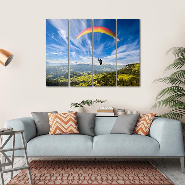 Paraglider Flying Over Mountains In Summer Day Canvas Wall Art-4 Horizontal-Gallery Wrap-34" x 24"-Tiaracle