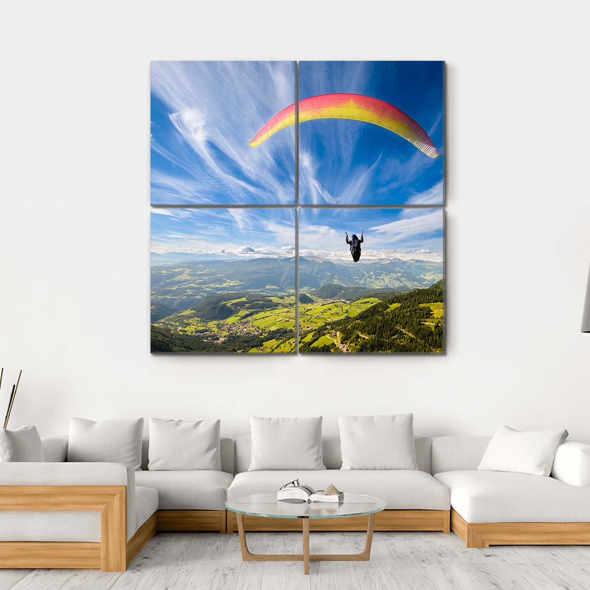 Paraglider Flying Over Mountains In Summer Day Canvas Wall Art-4 Square-Gallery Wrap-17" x 17"-Tiaracle