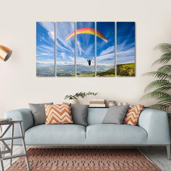 Paraglider Flying Over Mountains In Summer Day Canvas Wall Art-5 Horizontal-Gallery Wrap-22" x 12"-Tiaracle