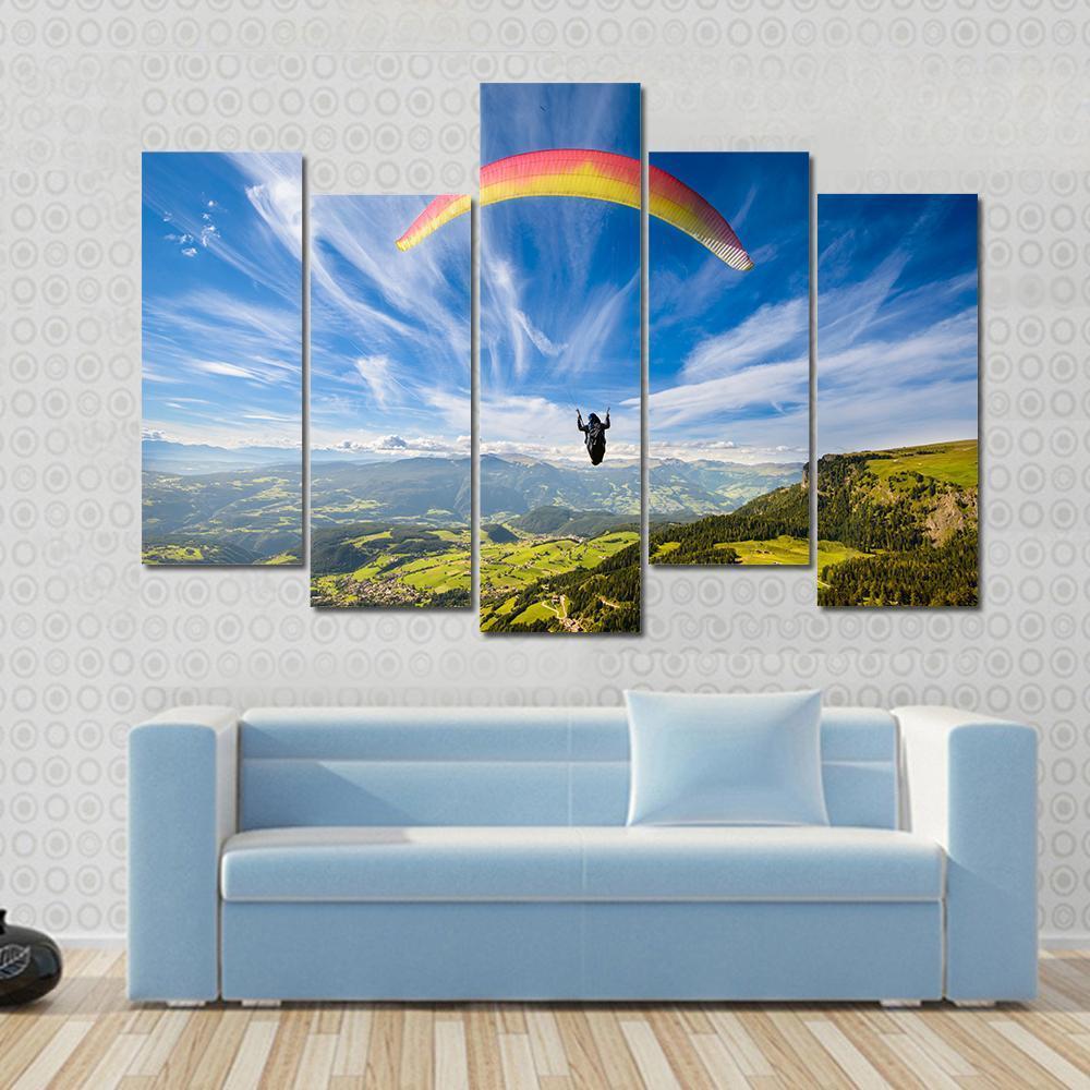 Paraglider Flying Over Mountains In Summer Day Canvas Wall Art-3 Horizontal-Gallery Wrap-37" x 24"-Tiaracle