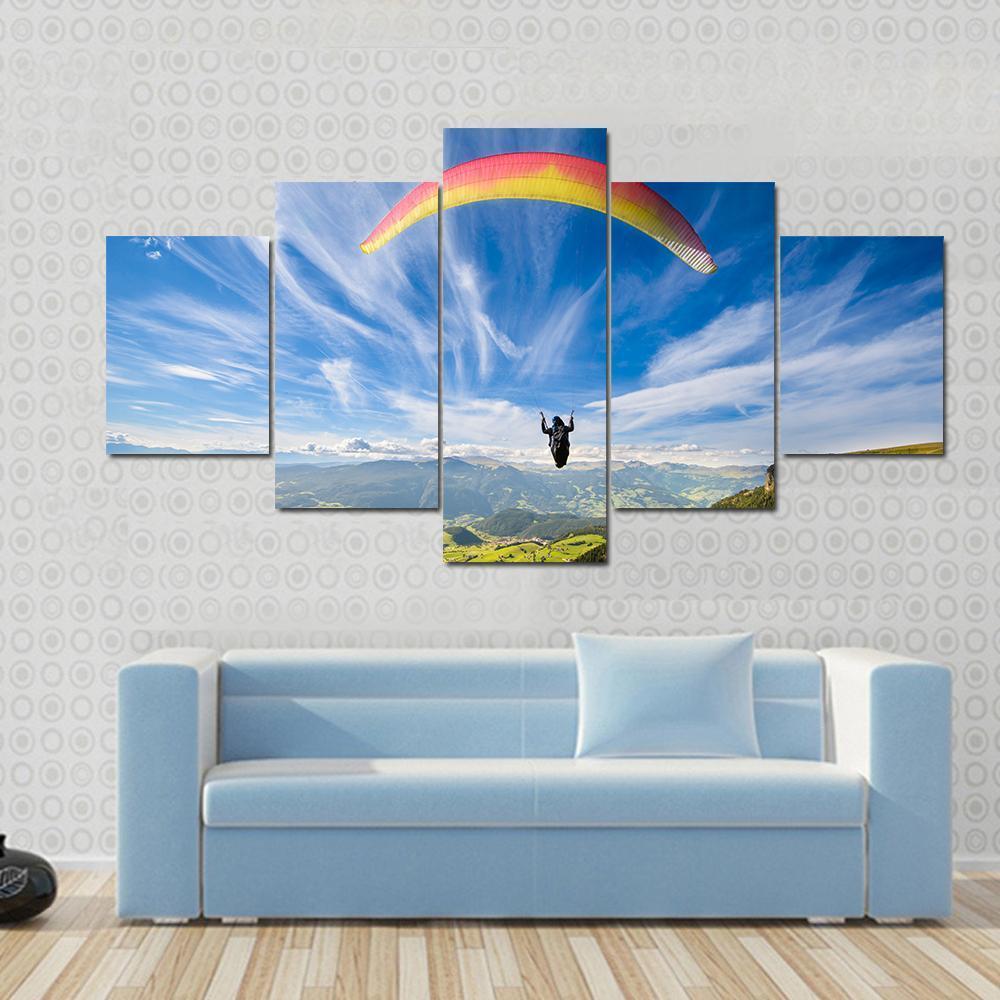 Paraglider Flying Over Mountains In Summer Day Canvas Wall Art-5 Star-Gallery Wrap-62&quot; x 32&quot;-Tiaracle