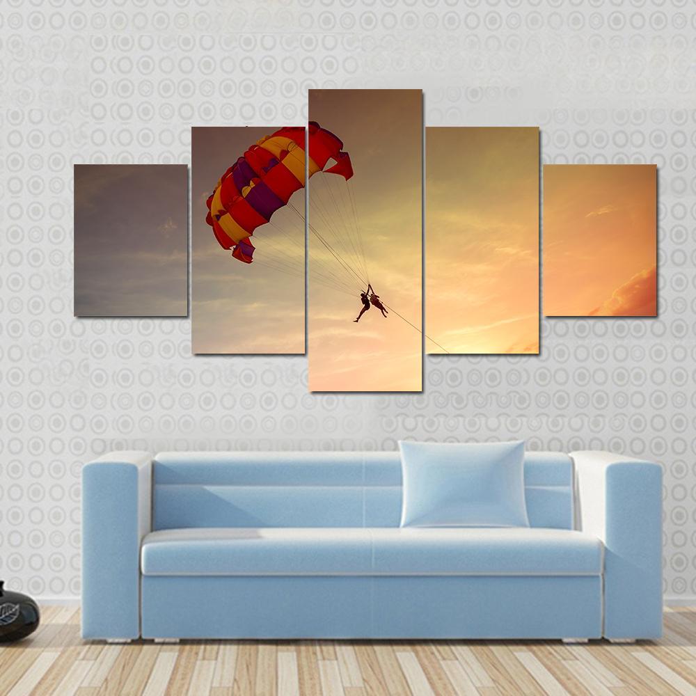 Paragliders At Sunset Malaysia Canvas Wall Art-5 Star-Gallery Wrap-62&quot; x 32&quot;-Tiaracle