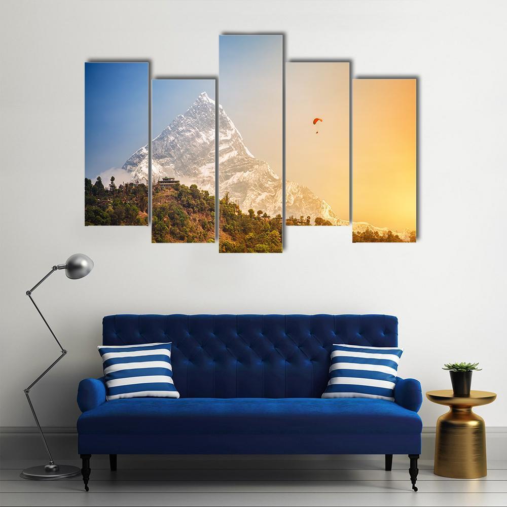 Paragliding Near Machhapuchhre Mountain Canvas Wall Art-5 Pop-Gallery Wrap-47" x 32"-Tiaracle