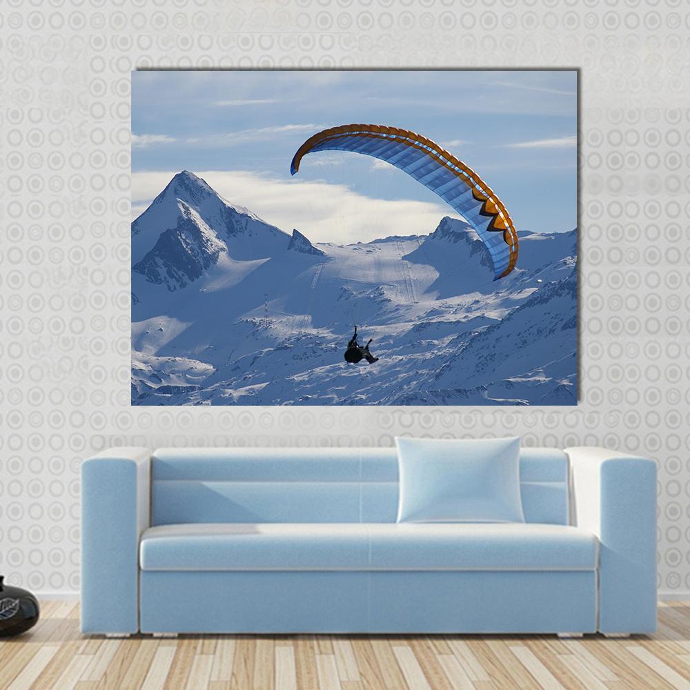 Paragliding Over Mountain In Winter Canvas Wall Art-1 Piece-Gallery Wrap-36" x 24"-Tiaracle