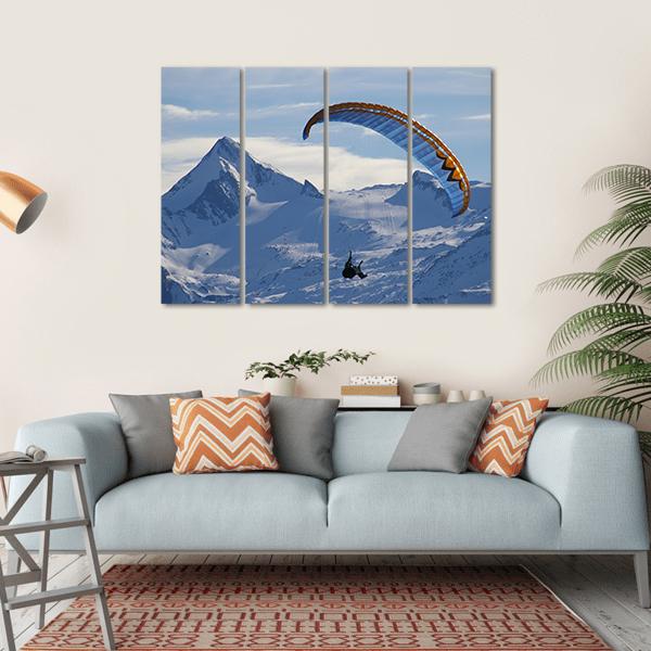 Paragliding Over Mountain In Winter Canvas Wall Art-4 Horizontal-Gallery Wrap-34" x 24"-Tiaracle