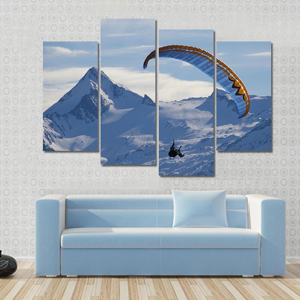 Paragliding Over Mountain In Winter Canvas Wall Art-4 Pop-Gallery Wrap-50" x 32"-Tiaracle
