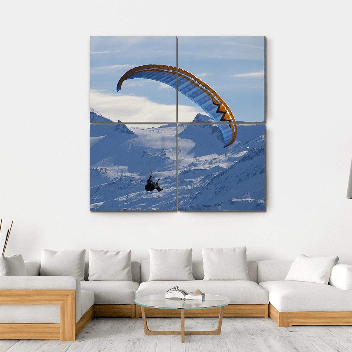 Paragliding Over Mountain In Winter Canvas Wall Art-4 Square-Gallery Wrap-17" x 17"-Tiaracle