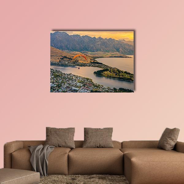 Paragliding over Queenstown and Lake Wakaitipu Canvas Wall Art-5 Horizontal-Gallery Wrap-22" x 12"-Tiaracle