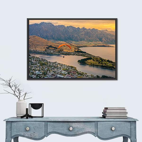Paragliding over Queenstown and Lake Wakaitipu Canvas Wall Art-1 Piece-Floating Frame-24" x 16"-Tiaracle