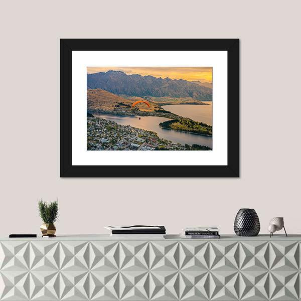 Paragliding over Queenstown and Lake Wakaitipu Canvas Wall Art-1 Piece-Framed Print-20" x 16"-Tiaracle