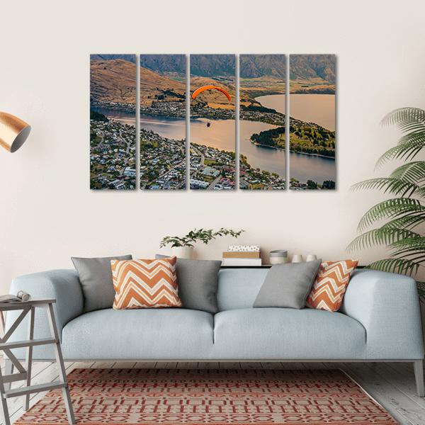 Paragliding over Queenstown and Lake Wakaitipu Canvas Wall Art-5 Horizontal-Gallery Wrap-22" x 12"-Tiaracle