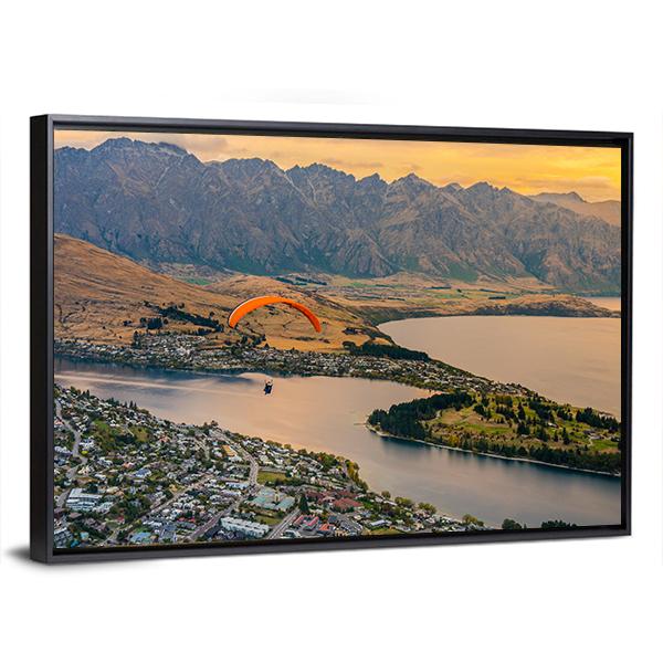 Paragliding over Queenstown and Lake Wakaitipu Canvas Wall Art-3 Horizontal-Gallery Wrap-25" x 16"-Tiaracle