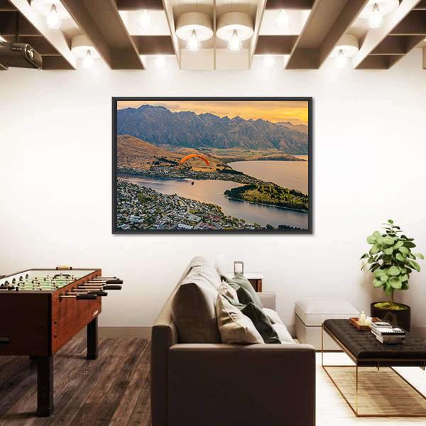Paragliding over Queenstown and Lake Wakaitipu Canvas Wall Art-3 Horizontal-Gallery Wrap-25" x 16"-Tiaracle