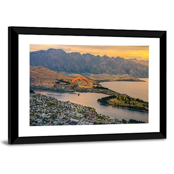 Paragliding over Queenstown and Lake Wakaitipu Canvas Wall Art-3 Horizontal-Gallery Wrap-25" x 16"-Tiaracle