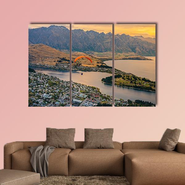 Paragliding over Queenstown and Lake Wakaitipu Canvas Wall Art-3 Horizontal-Gallery Wrap-37" x 24"-Tiaracle