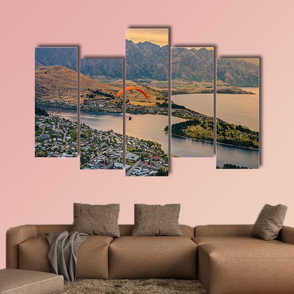Paragliding over Queenstown and Lake Wakaitipu Canvas Wall Art-5 Pop-Gallery Wrap-47" x 32"-Tiaracle