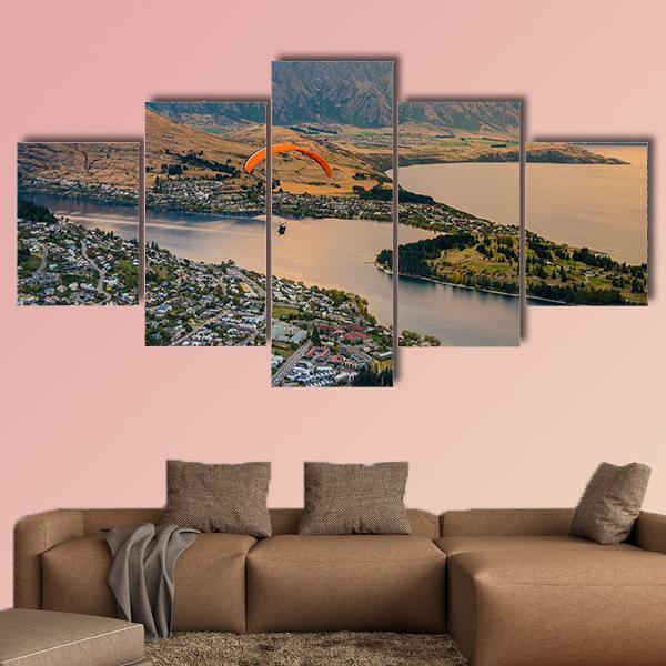 Paragliding over Queenstown and Lake Wakaitipu Canvas Wall Art-5 Star-Gallery Wrap-62" x 32"-Tiaracle