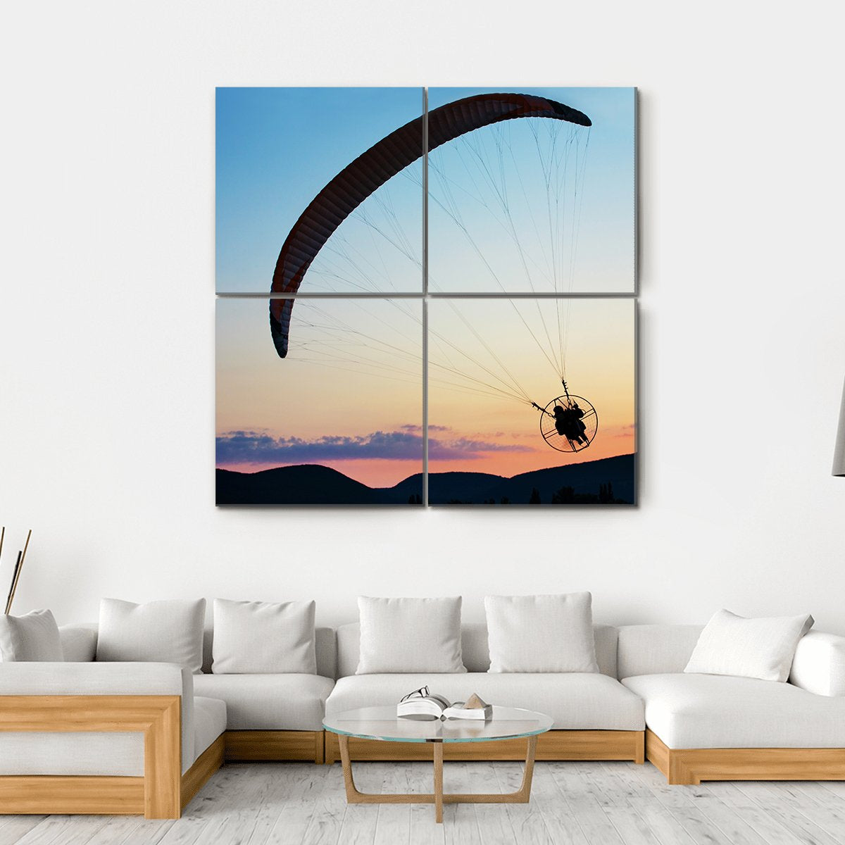 Paragliding Over The Hills At Sunset Canvas Wall Art-4 Square-Gallery Wrap-17" x 17"-Tiaracle