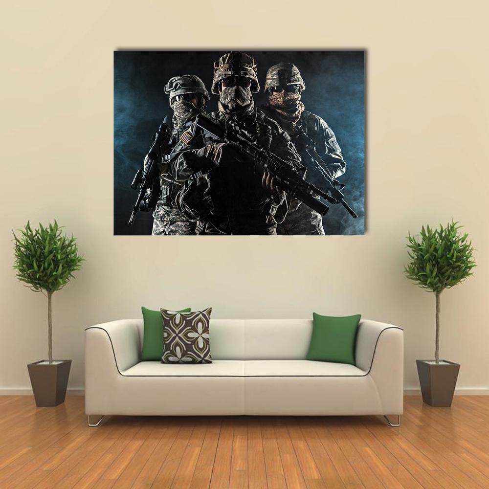Airborne Paratroopers in Smoke Canvas Wall Art in black, gray and blue, single panel hung on a wall