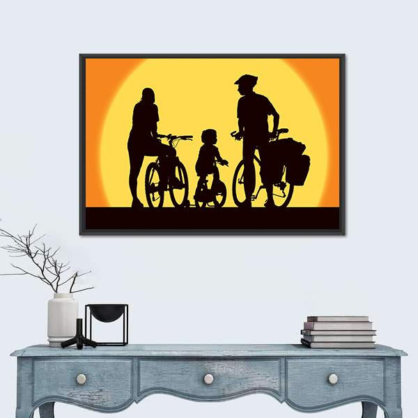 Parents And Child Cycling On A Trip Canvas Wall Art-1 Piece-Floating Frame-24" x 16"-Tiaracle