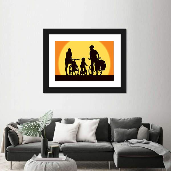 Parents And Child Cycling On A Trip Canvas Wall Art-3 Horizontal-Gallery Wrap-25" x 16"-Tiaracle