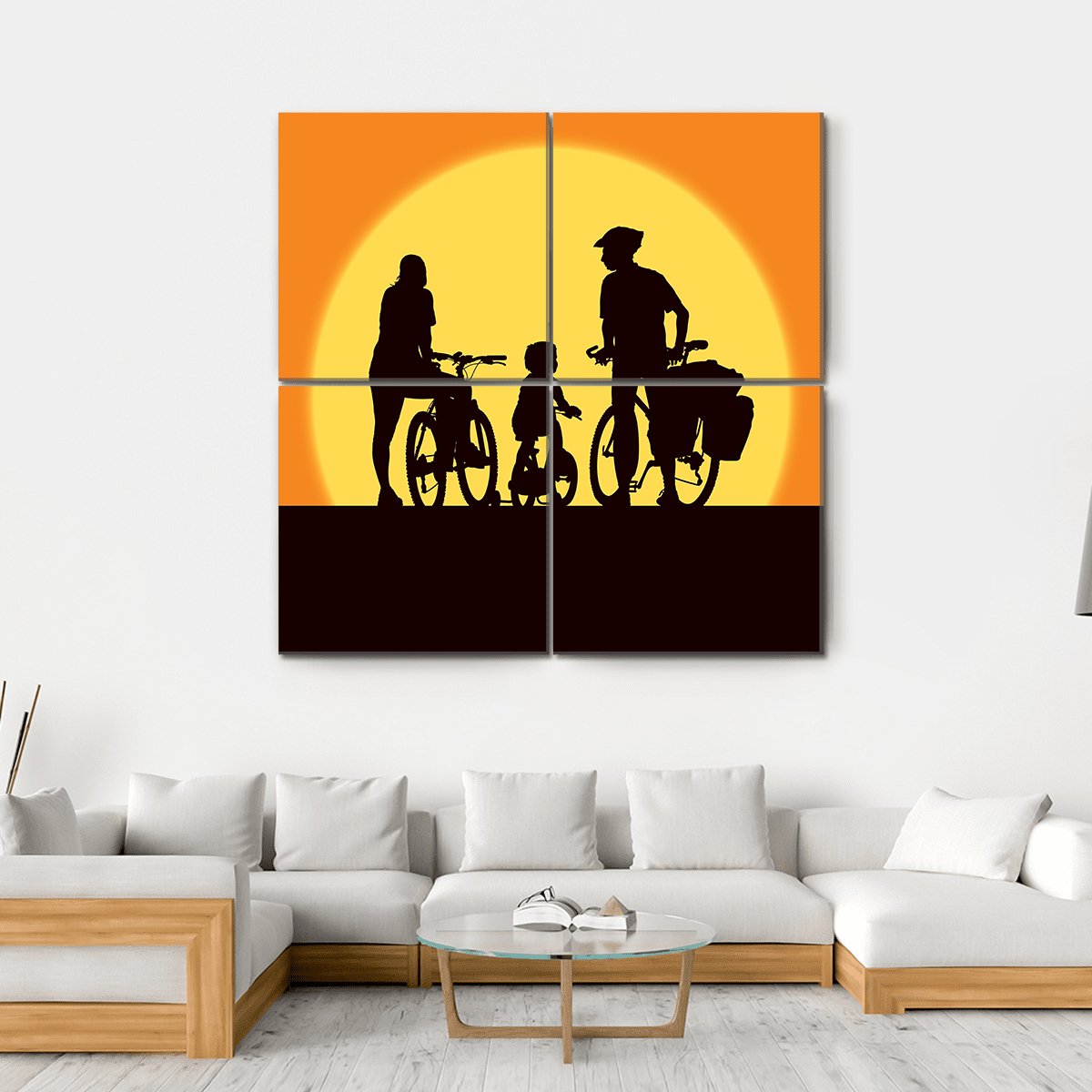 Parents And Child Cycling On A Trip Canvas Wall Art-4 Square-Gallery Wrap-17" x 17"-Tiaracle