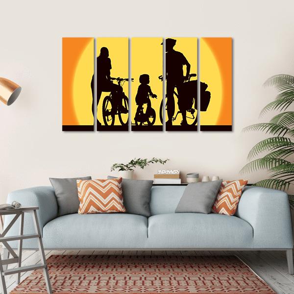 Parents And Child Cycling On A Trip Canvas Wall Art-5 Horizontal-Gallery Wrap-22" x 12"-Tiaracle