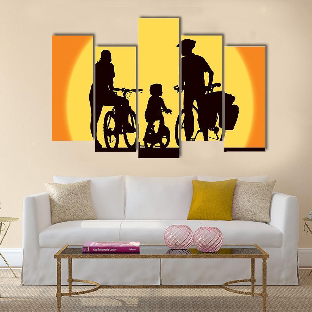 Parents And Child Cycling On A Trip Canvas Wall Art-5 Pop-Gallery Wrap-47" x 32"-Tiaracle