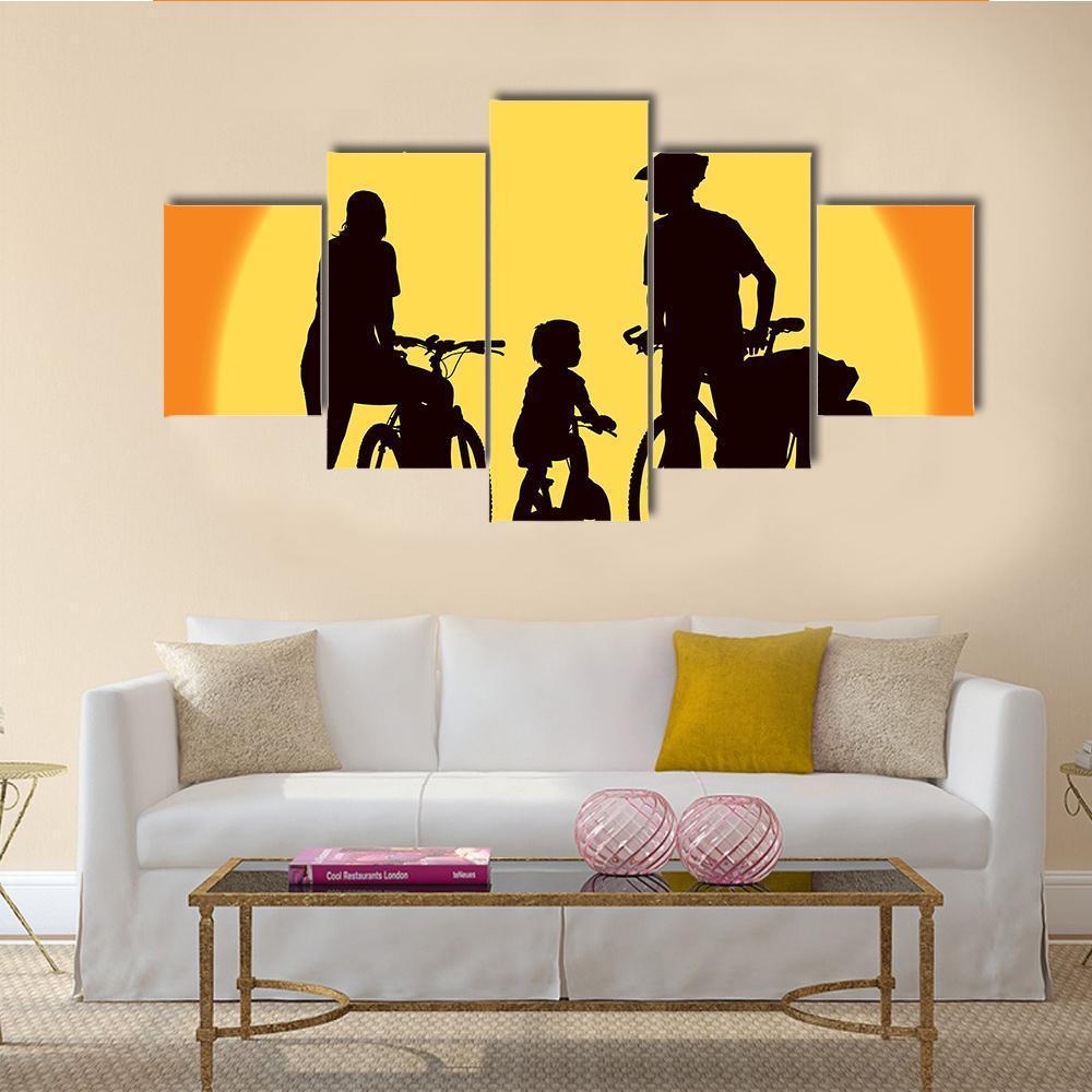 Parents And Child Cycling On A Trip Canvas Wall Art-5 Star-Gallery Wrap-62" x 32"-Tiaracle