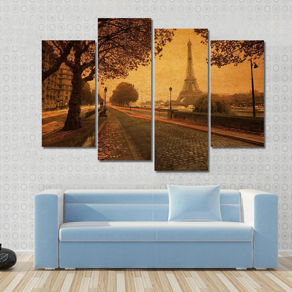 Paris At Dusk With Street And Eiffel Tower Paris France Canvas Wall Art-4 Pop-Gallery Wrap-50" x 32"-Tiaracle