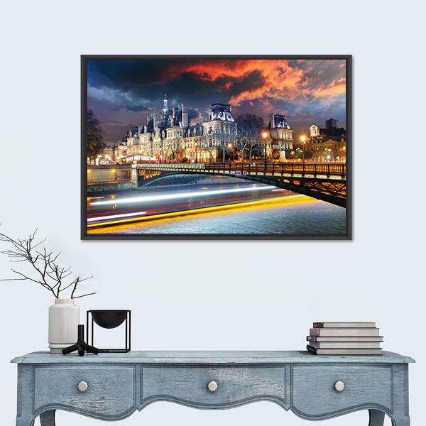 Paris City Hall At Night Canvas Wall Art-1 Piece-Floating Frame-24" x 16"-Tiaracle