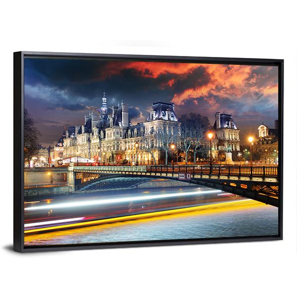 Paris City Hall At Night Canvas Wall Art-3 Horizontal-Gallery Wrap-25" x 16"-Tiaracle